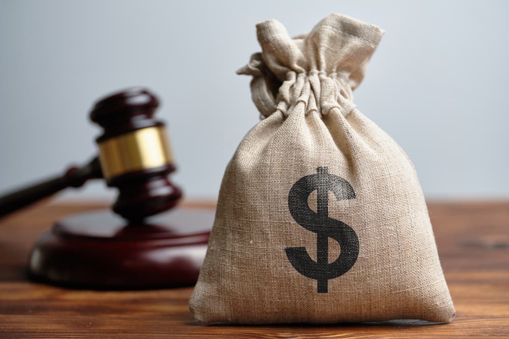 A bag of Dollar with Judge's gavel in background
